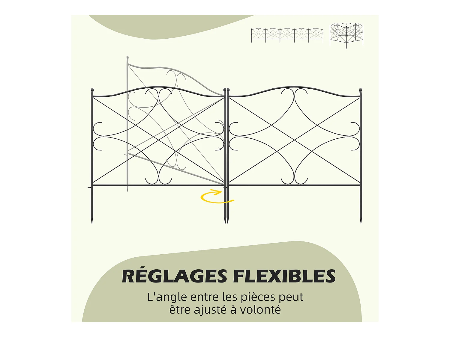 Lot de 5 clôtures de jardin décoratives en métal avec ornements - dim. totales 305L x 62H cm - noir