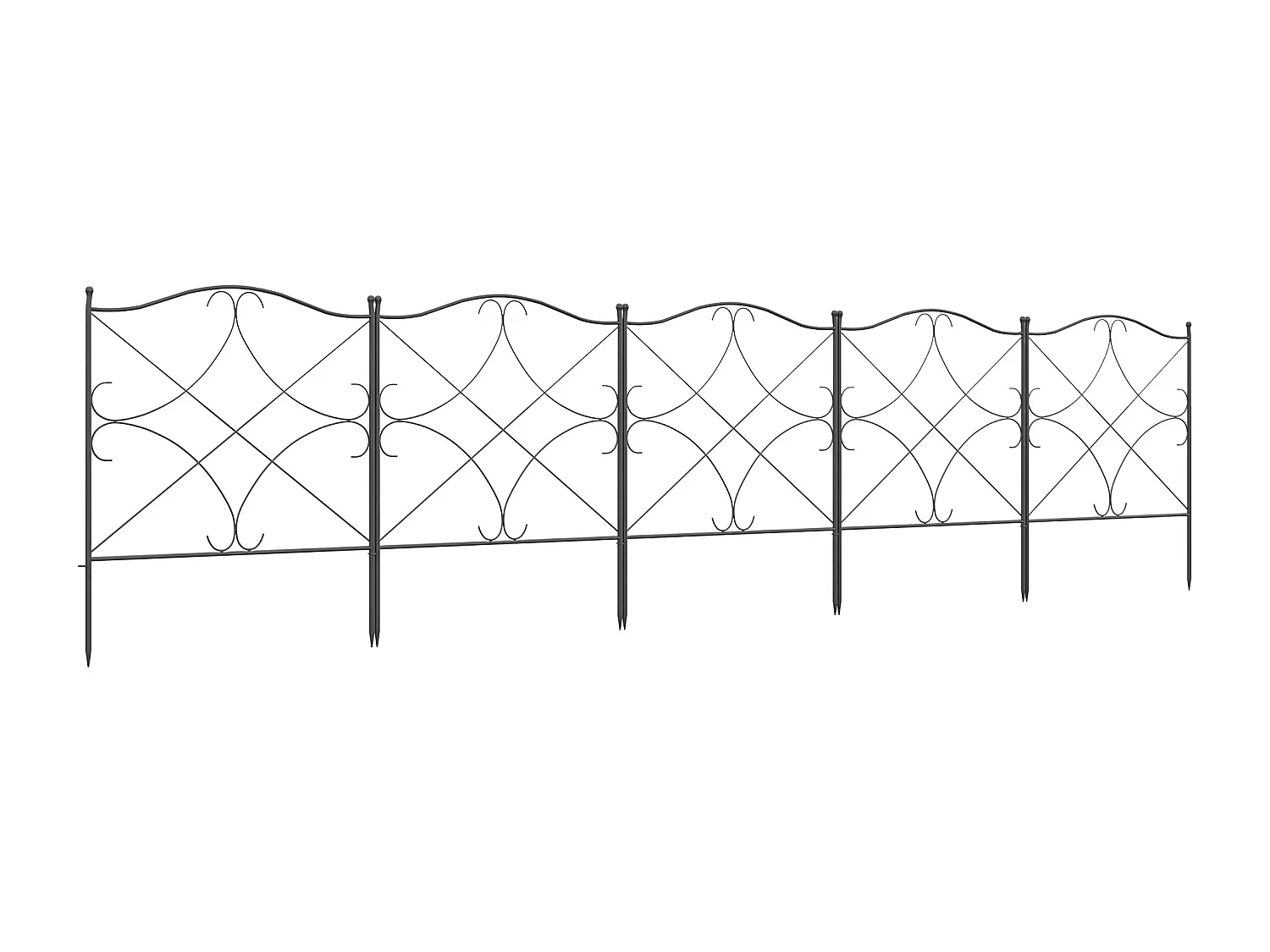 Lot de 5 clôtures de jardin décoratives en métal avec ornements - dim. totales 305L x 62H cm - noir