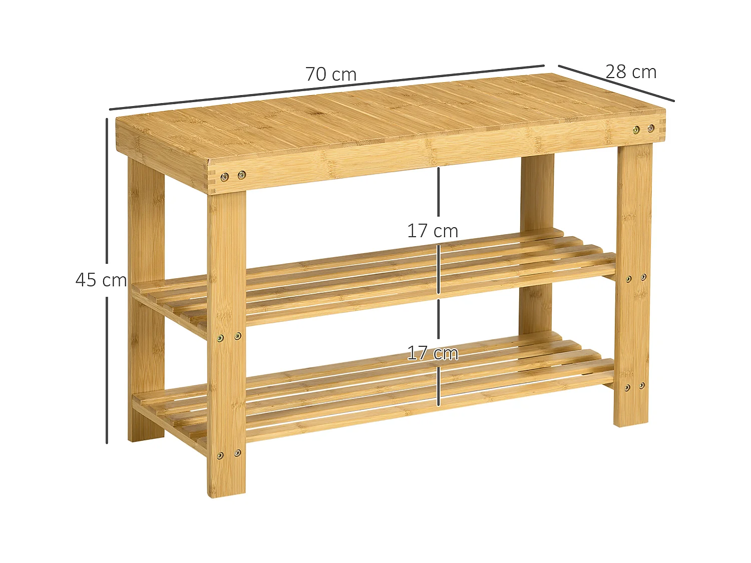 Banc à chaussures 2 étagères dim. 70L x 28l x 45H cm bois bambou verni