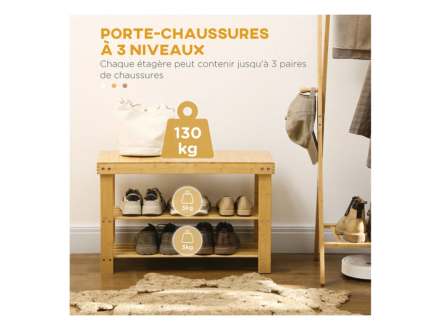 Banc à chaussures 2 étagères dim. 70L x 28l x 45H cm bois bambou verni