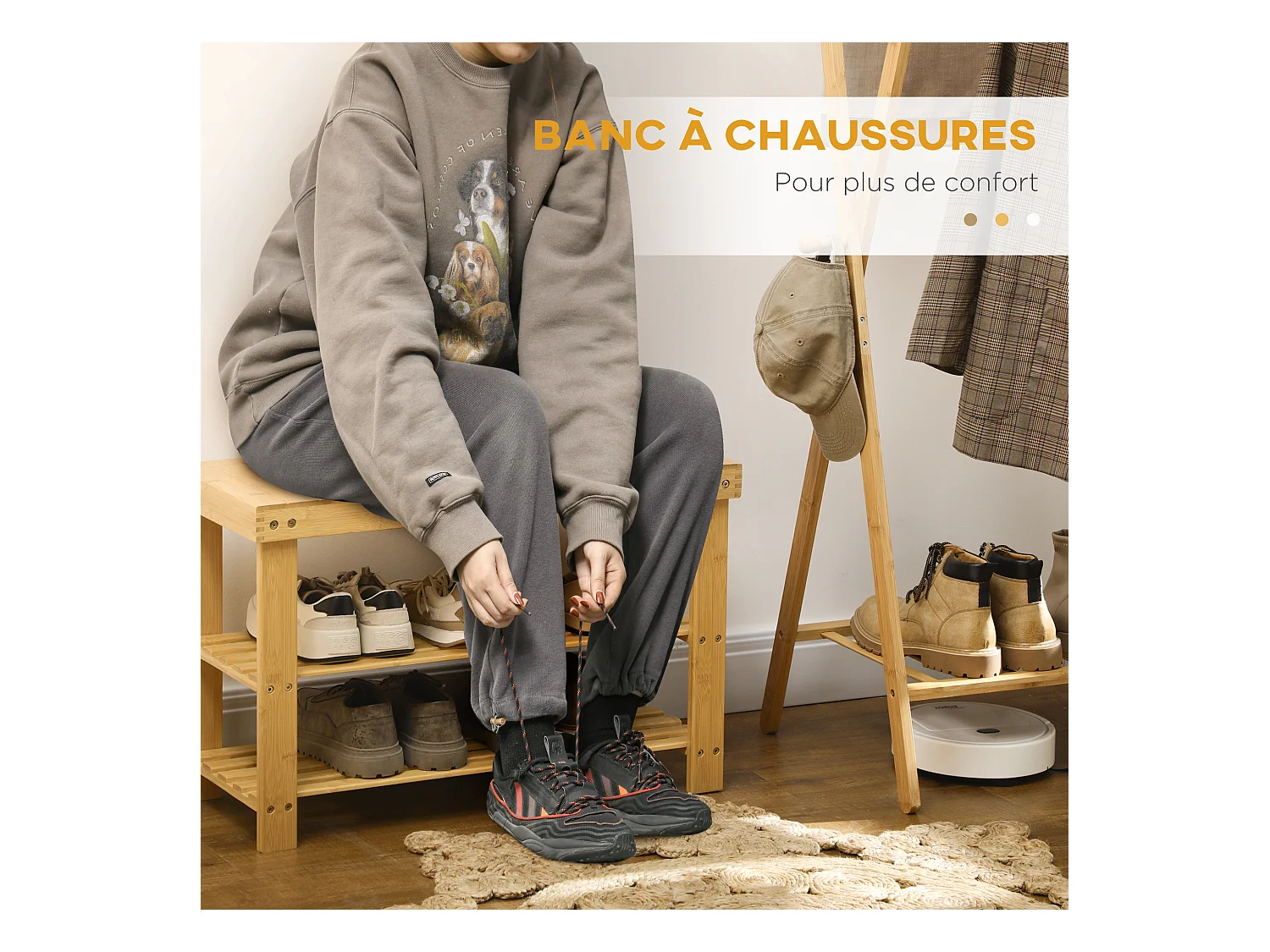 Banc à chaussures 2 étagères dim. 70L x 28l x 45H cm bois bambou verni