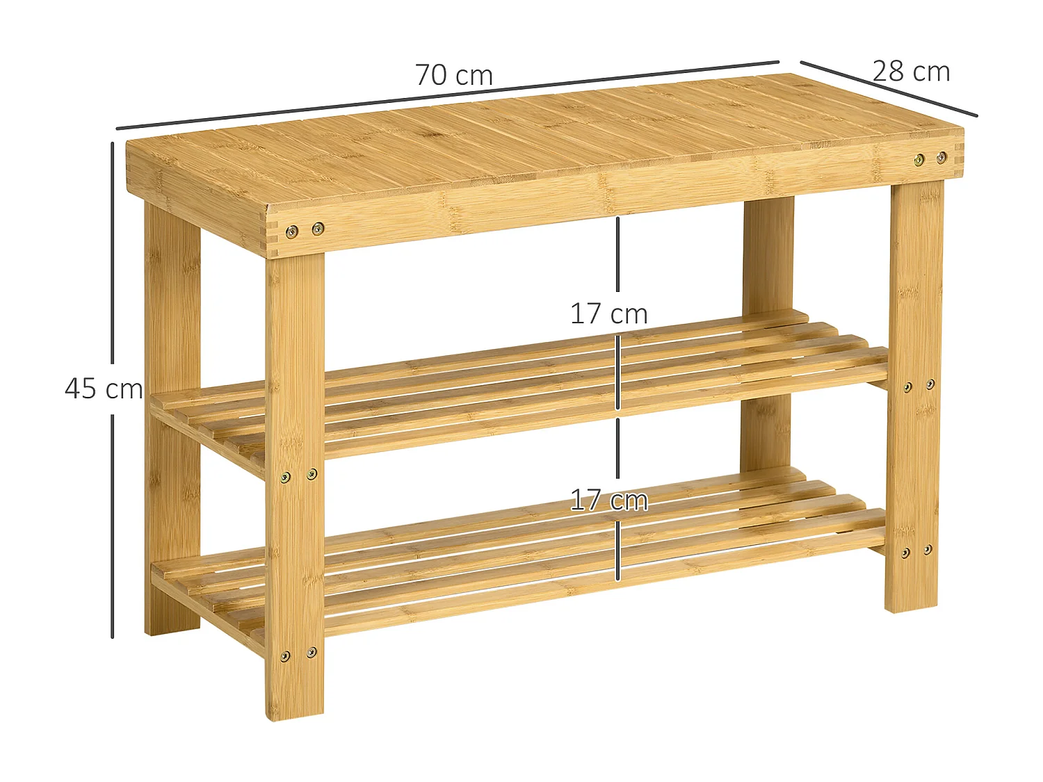 Banc à chaussures 2 étagères dim. 70L x 28l x 45H cm bois bambou verni