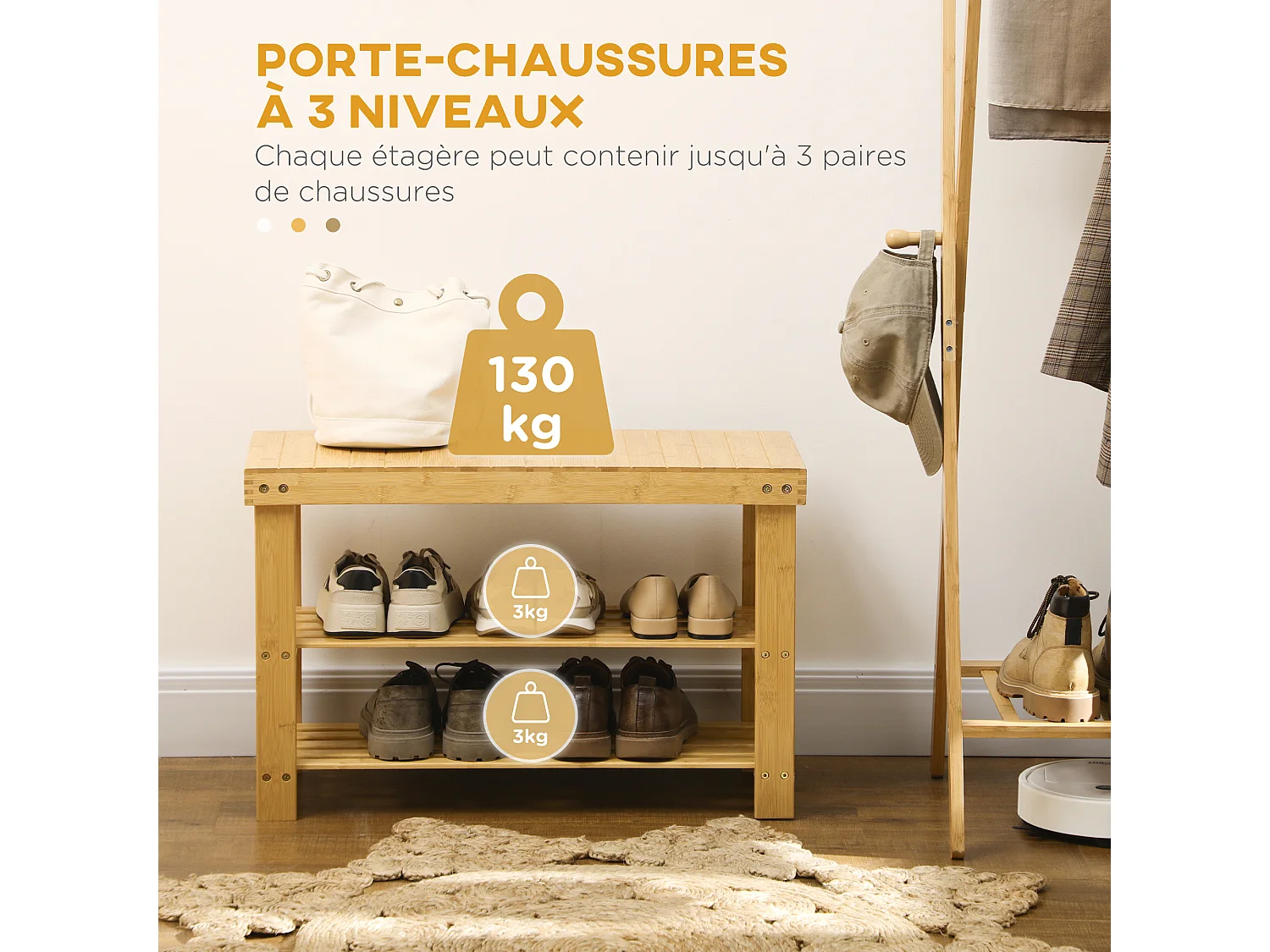 Banc à chaussures 2 étagères dim. 70L x 28l x 45H cm bois bambou verni