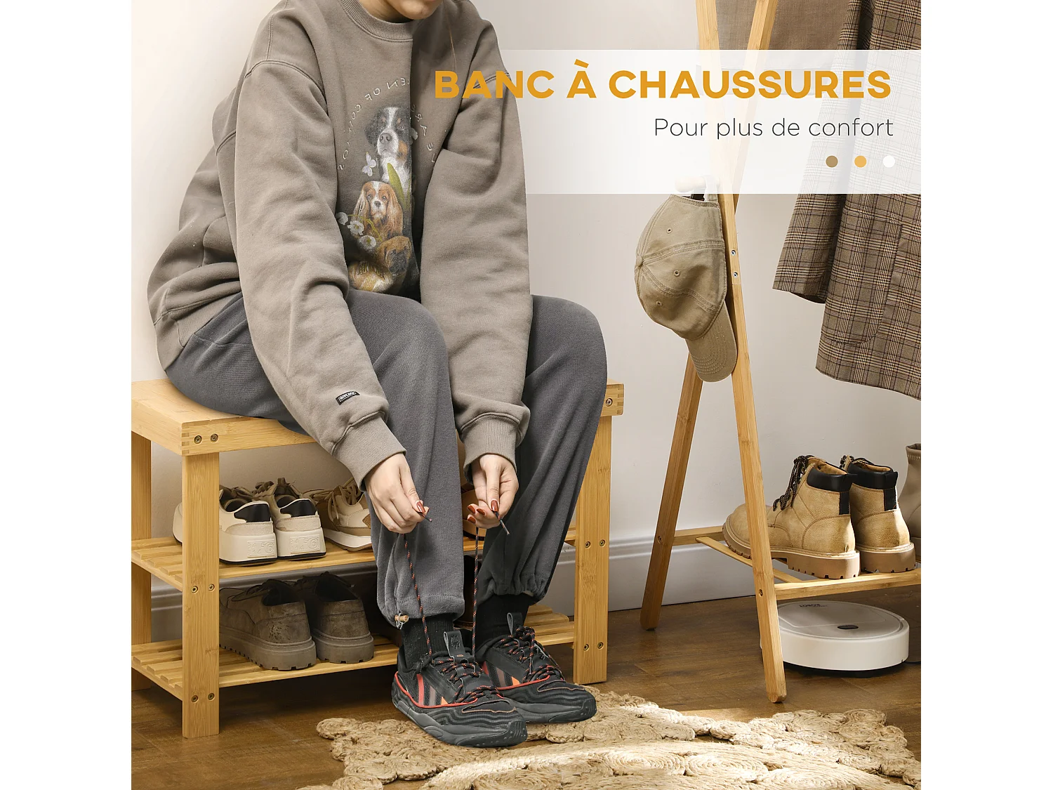 Banc à chaussures 2 étagères dim. 70L x 28l x 45H cm bois bambou verni