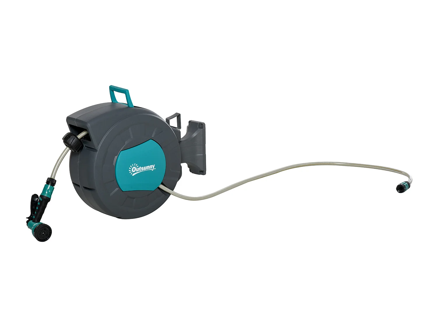 Dévidoir mural enrouleur automatique pivotant 180° tuyau 15 + 1,4 m avec lance arrosage support mural intégré turquoise gris