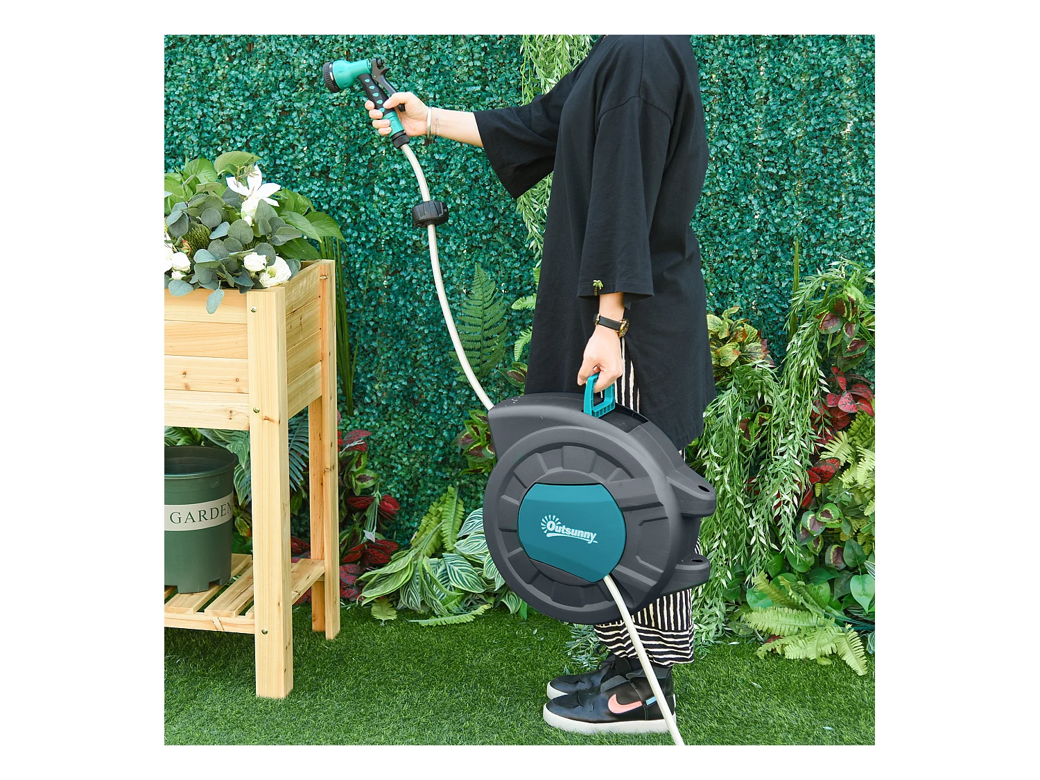 Dévidoir mural enrouleur automatique pivotant 180° tuyau 15 + 1,4 m avec lance arrosage support mural intégré turquoise gris