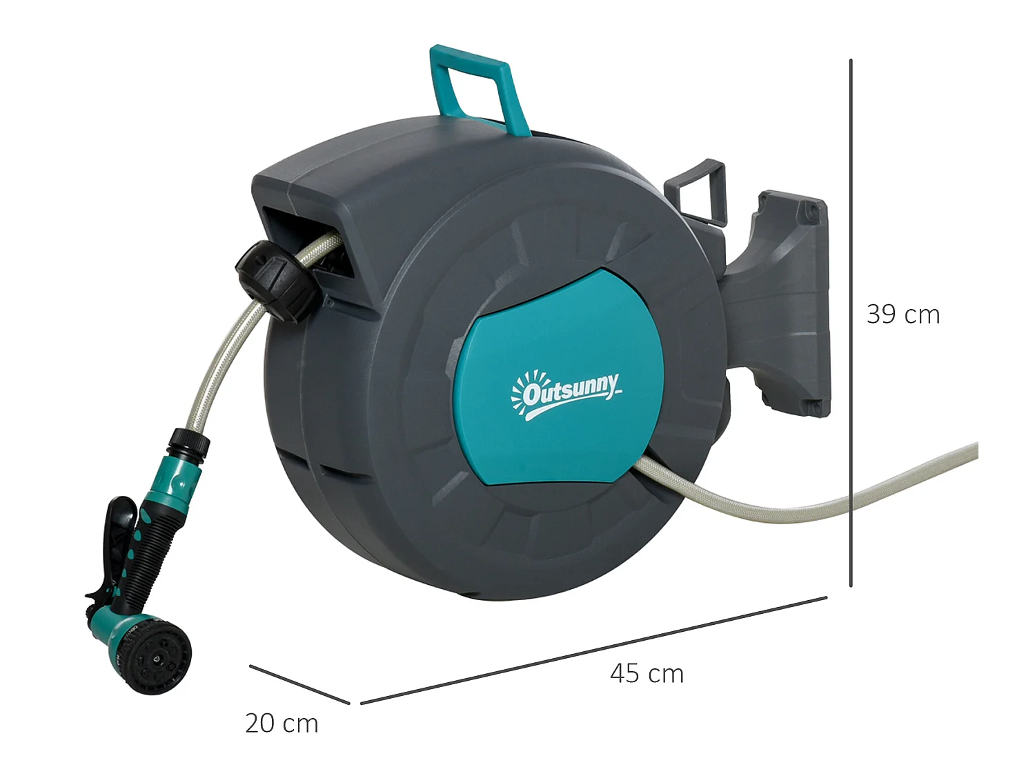 Dévidoir mural enrouleur automatique pivotant 180° tuyau 15 + 1,4 m avec lance arrosage support mural intégré turquoise gris