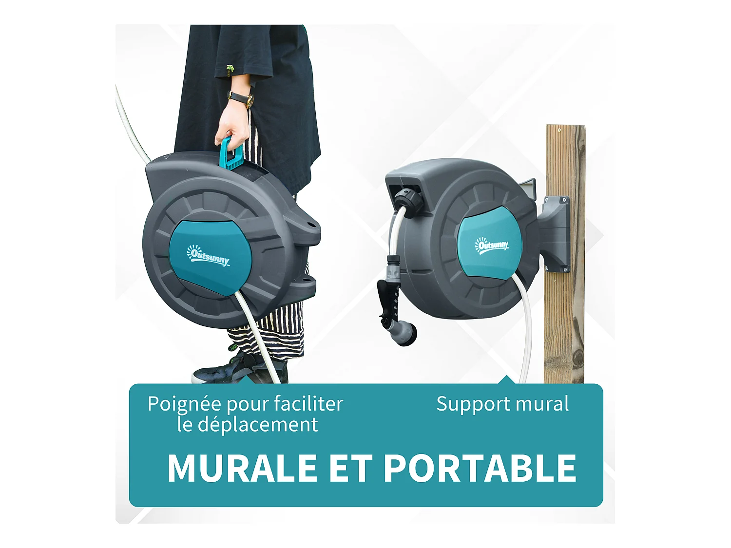 Dévidoir mural enrouleur automatique pivotant 180° tuyau 15 + 1,4 m avec lance arrosage support mural intégré turquoise gris