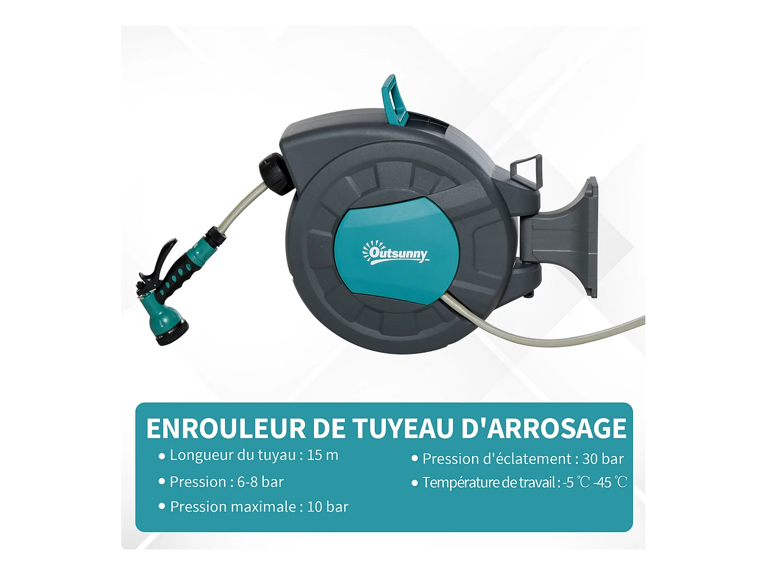 Dévidoir mural enrouleur automatique pivotant 180° tuyau 15 + 1,4 m avec lance arrosage support mural intégré turquoise gris