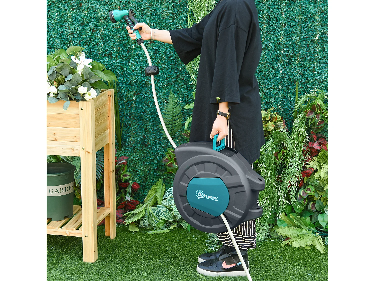 Dévidoir mural enrouleur automatique pivotant 180° tuyau 15 + 1,4 m avec lance arrosage support mural intégré turquoise gris