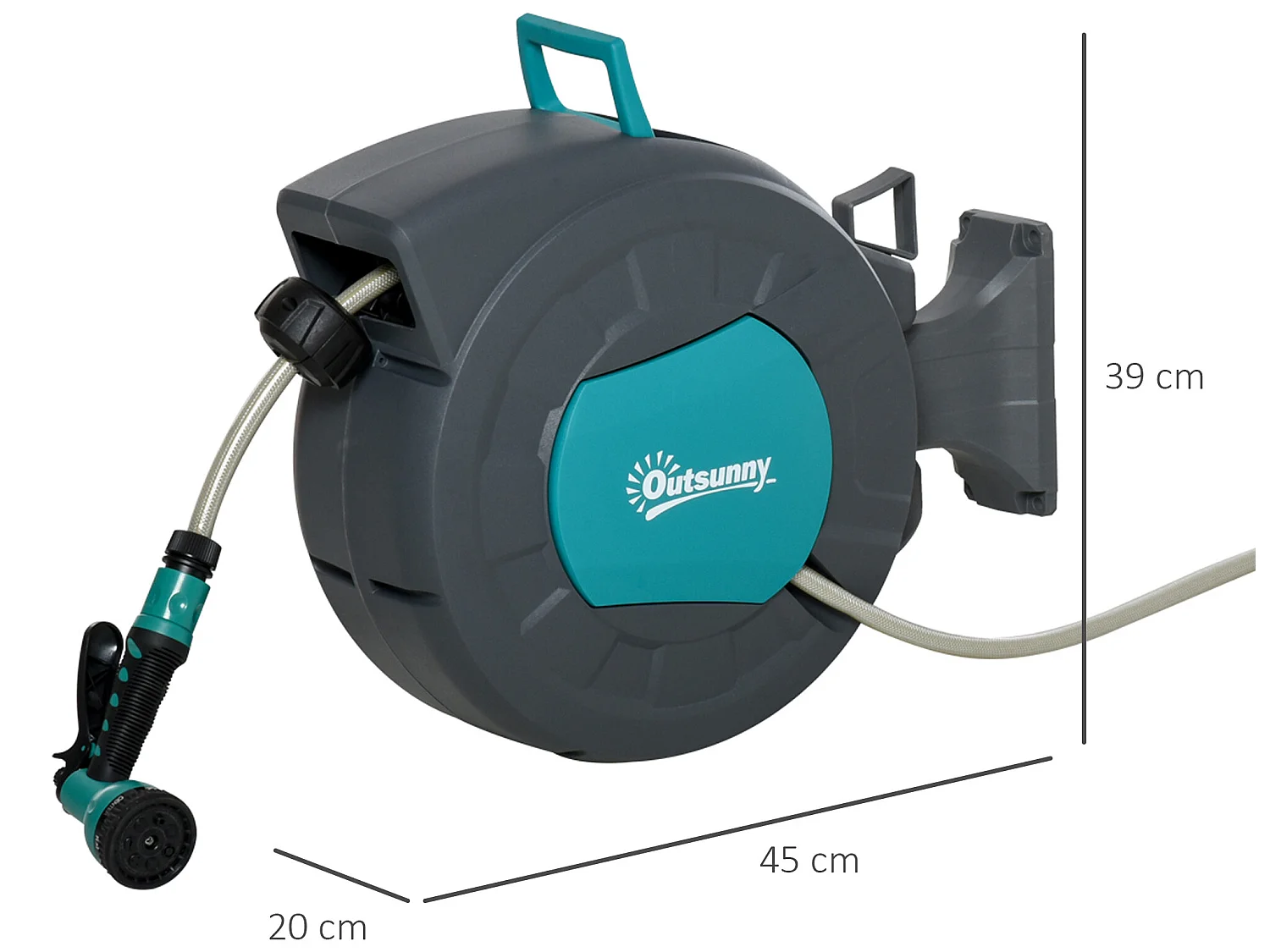 Dévidoir mural enrouleur automatique pivotant 180° tuyau 15 + 1,4 m avec lance arrosage support mural intégré turquoise gris