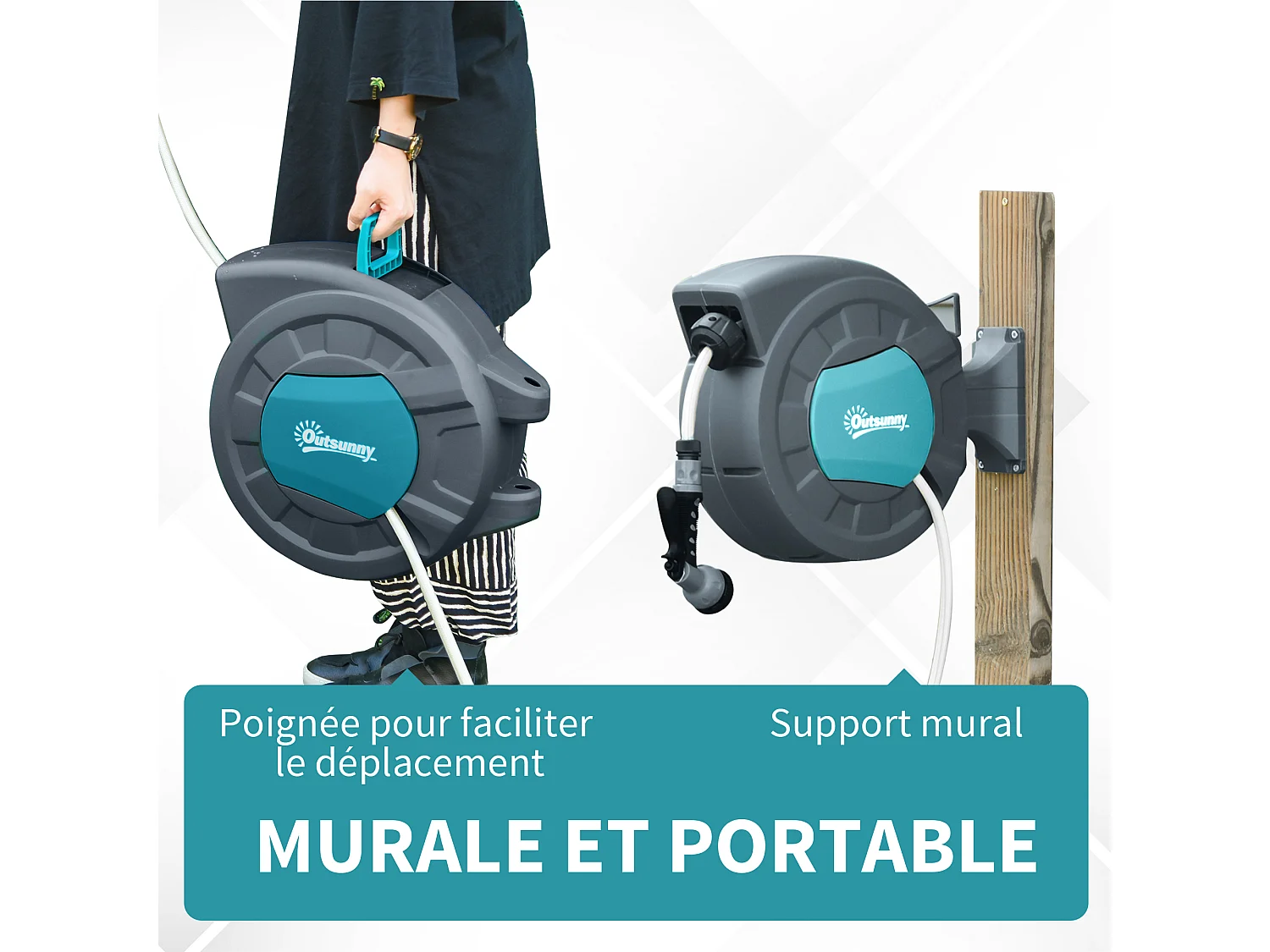 Dévidoir mural enrouleur automatique pivotant 180° tuyau 15 + 1,4 m avec lance arrosage support mural intégré turquoise gris