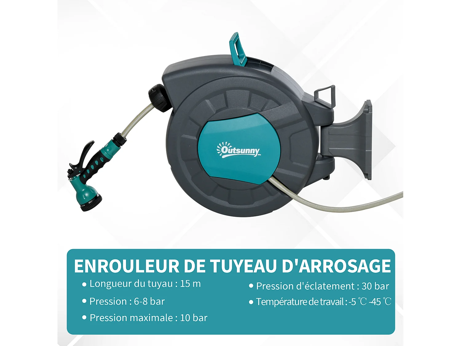 Dévidoir mural enrouleur automatique pivotant 180° tuyau 15 + 1,4 m avec lance arrosage support mural intégré turquoise gris