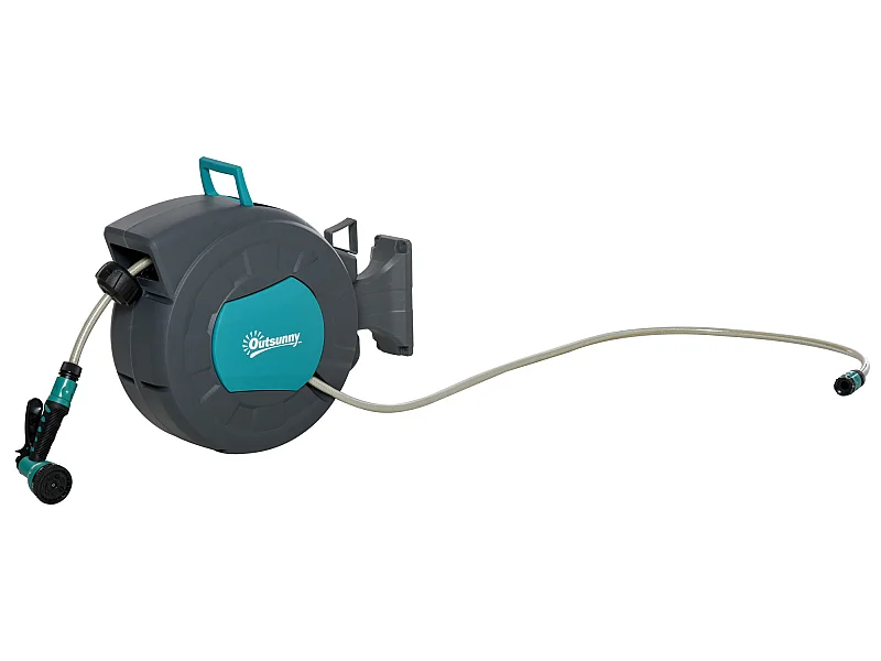 Dévidoir mural enrouleur automatique pivotant 180° tuyau 15 + 1,4 m avec lance arrosage support mural intégré turquoise gris