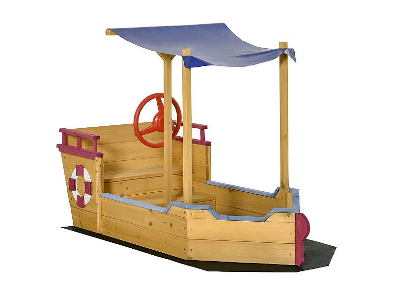 Bac à sable bateau de pirate en bois - voile d'ombrage, coffre rangement, gouvernail - bois sapin pré-huilé