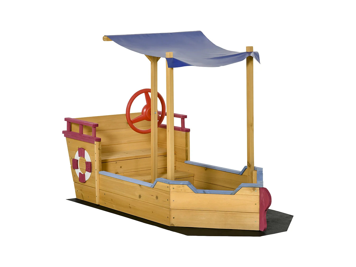 Bac à sable bateau de pirate en bois - voile d'ombrage, coffre rangement, gouvernail - bois sapin pré-huilé