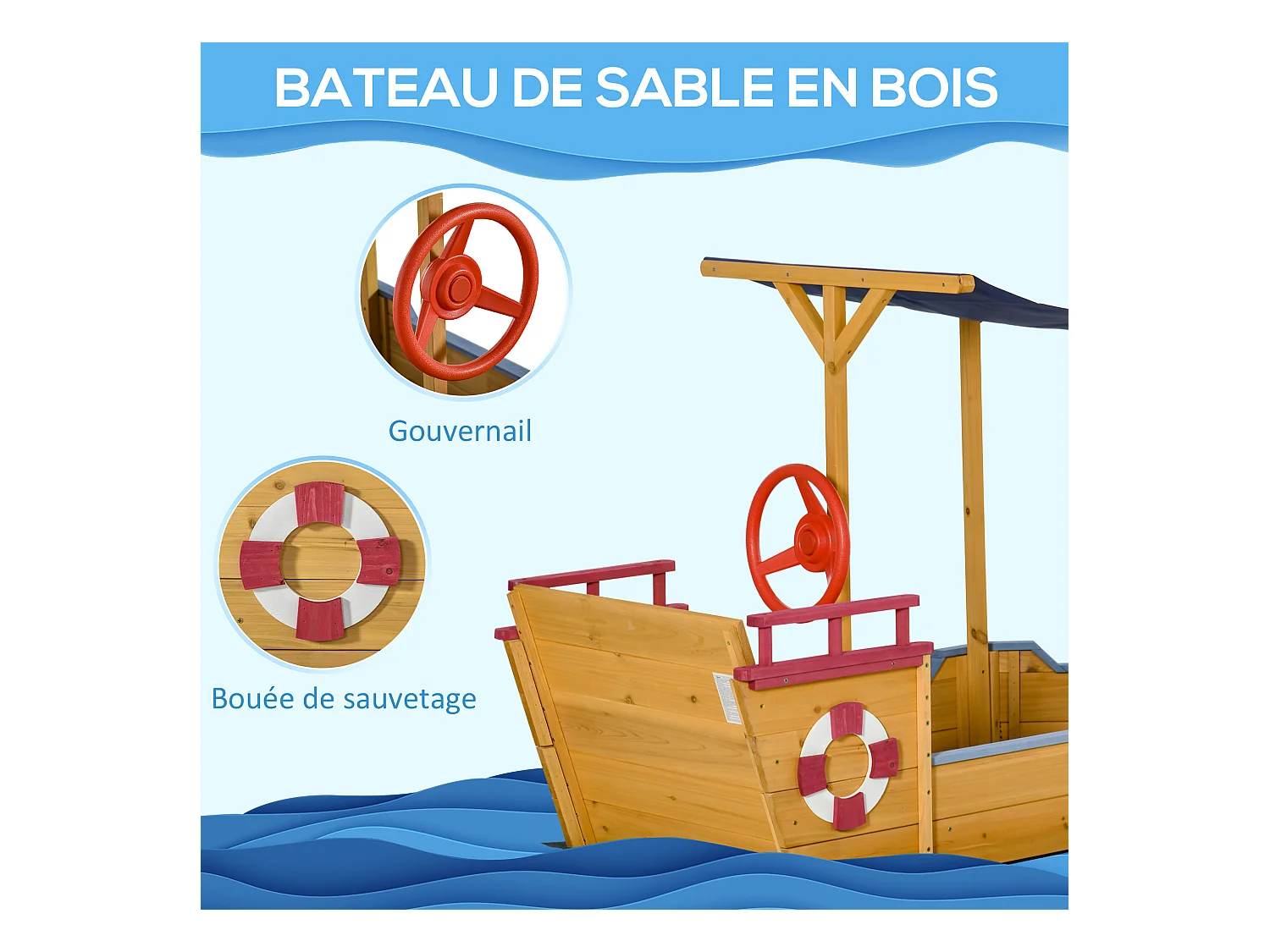 Bac à sable bateau de pirate en bois - voile d'ombrage, coffre rangement, gouvernail - bois sapin pré-huilé