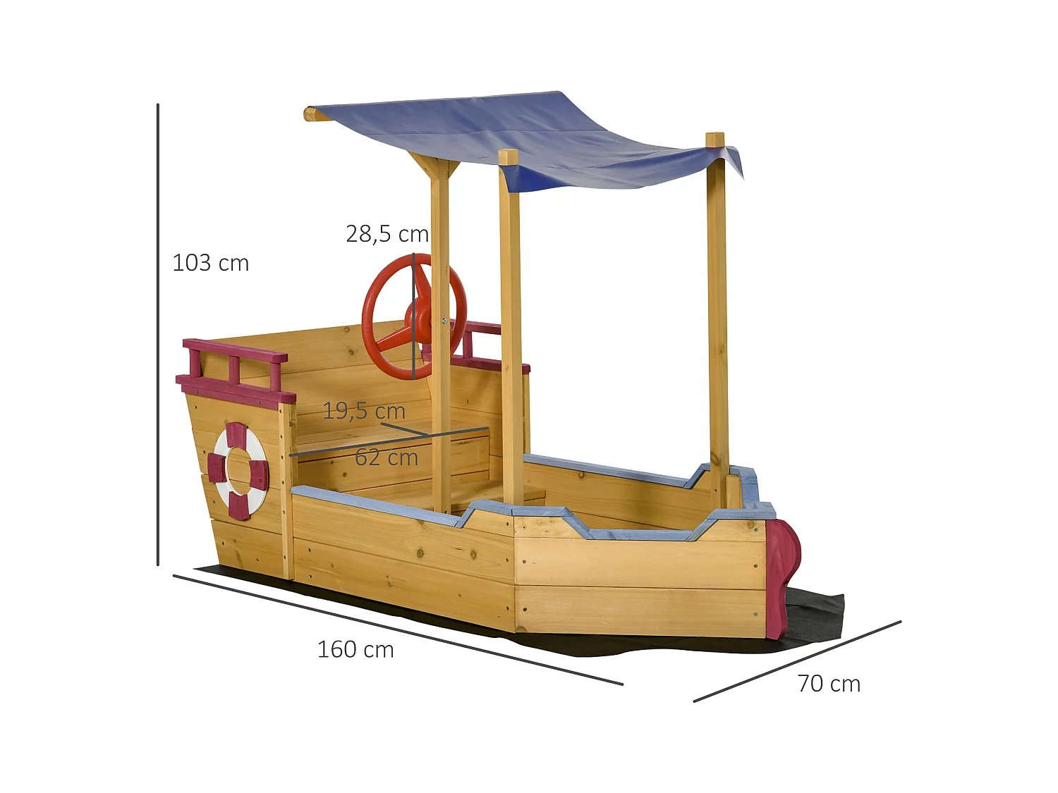 Bac à sable bateau de pirate en bois - voile d'ombrage, coffre rangement, gouvernail - bois sapin pré-huilé