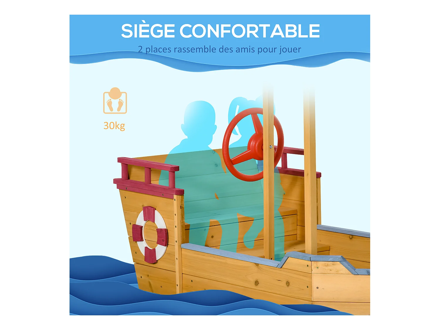 Bac à sable bateau de pirate en bois - voile d'ombrage, coffre rangement, gouvernail - bois sapin pré-huilé