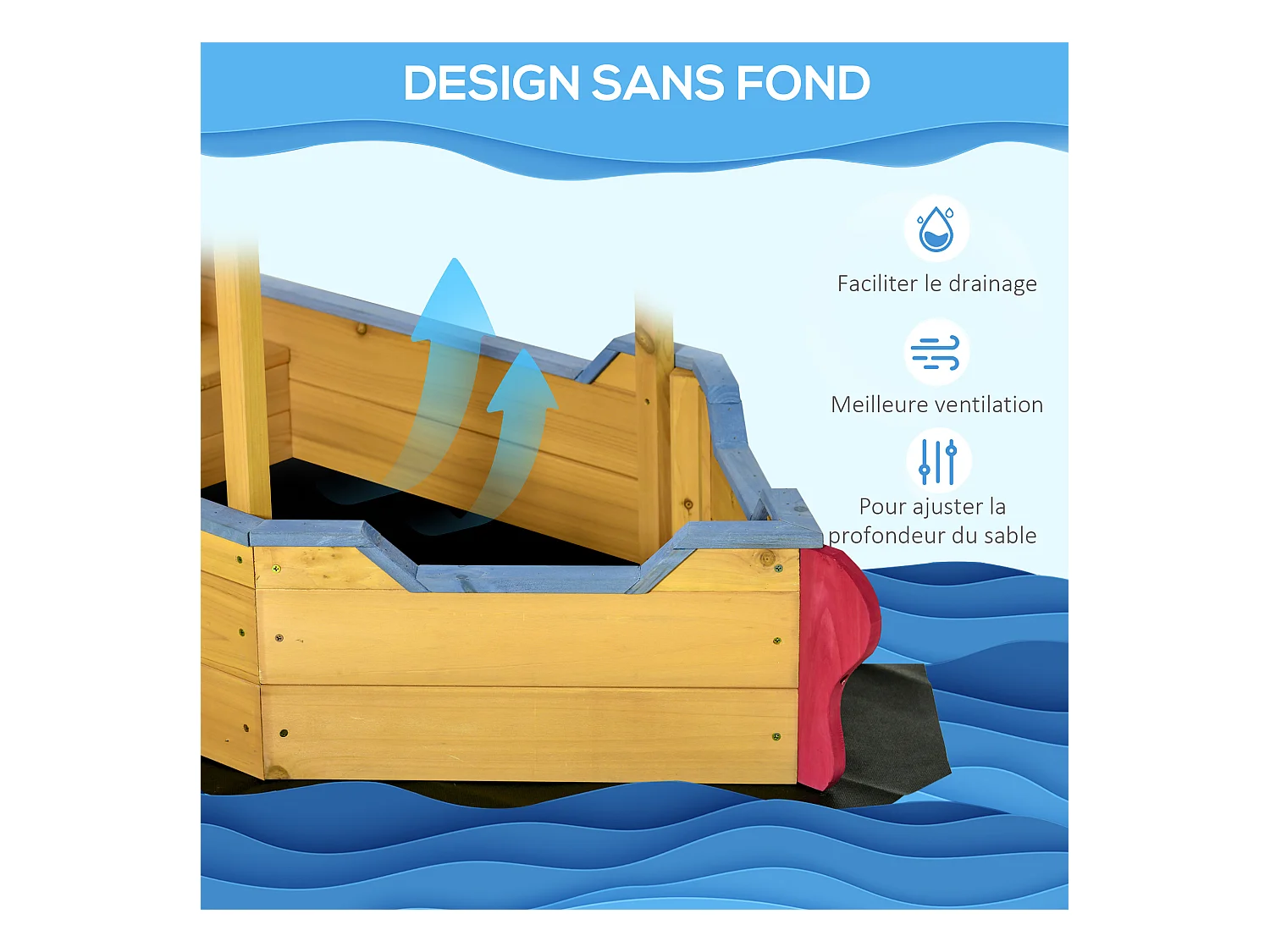 Bac à sable bateau de pirate en bois - voile d'ombrage, coffre rangement, gouvernail - bois sapin pré-huilé