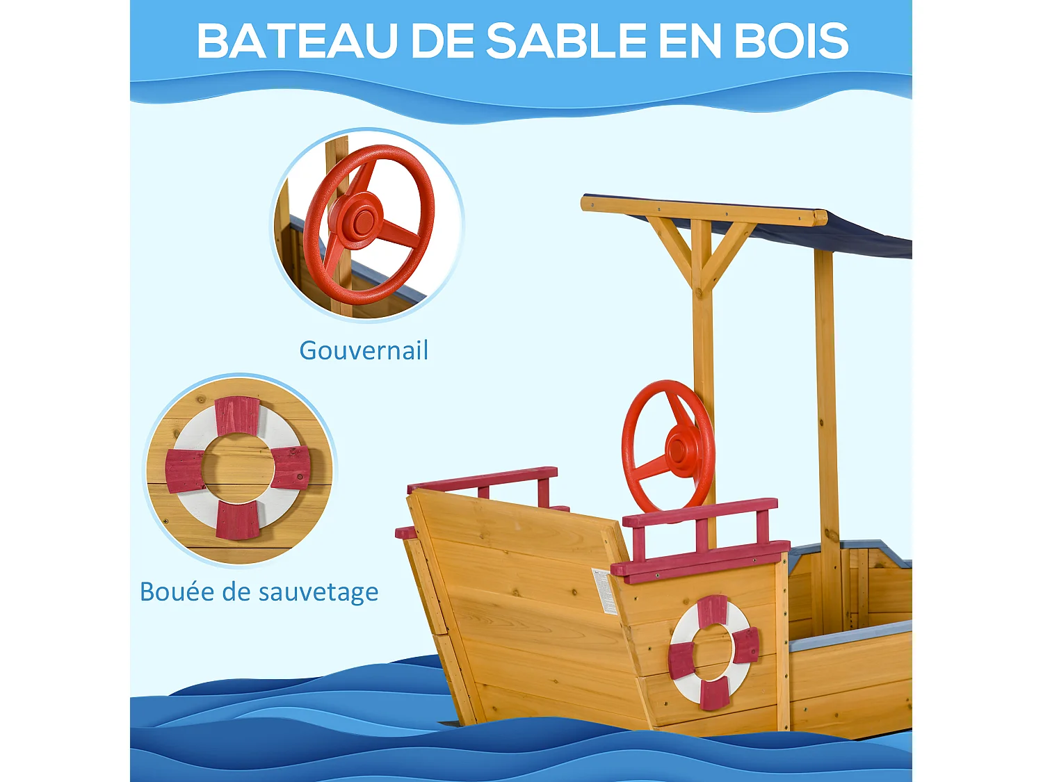 Bac à sable bateau de pirate en bois - voile d'ombrage, coffre rangement, gouvernail - bois sapin pré-huilé