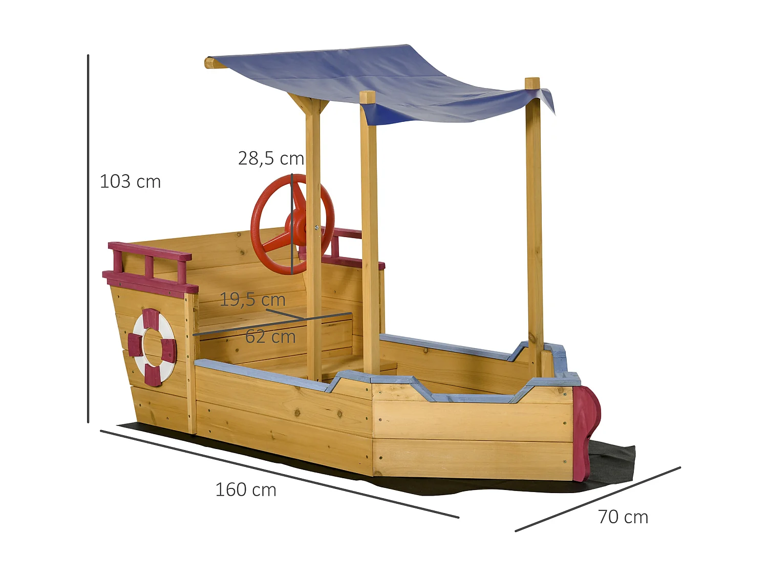 Bac à sable bateau de pirate en bois - voile d'ombrage, coffre rangement, gouvernail - bois sapin pré-huilé
