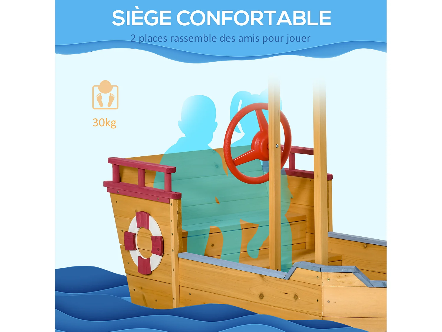 Bac à sable bateau de pirate en bois - voile d'ombrage, coffre rangement, gouvernail - bois sapin pré-huilé