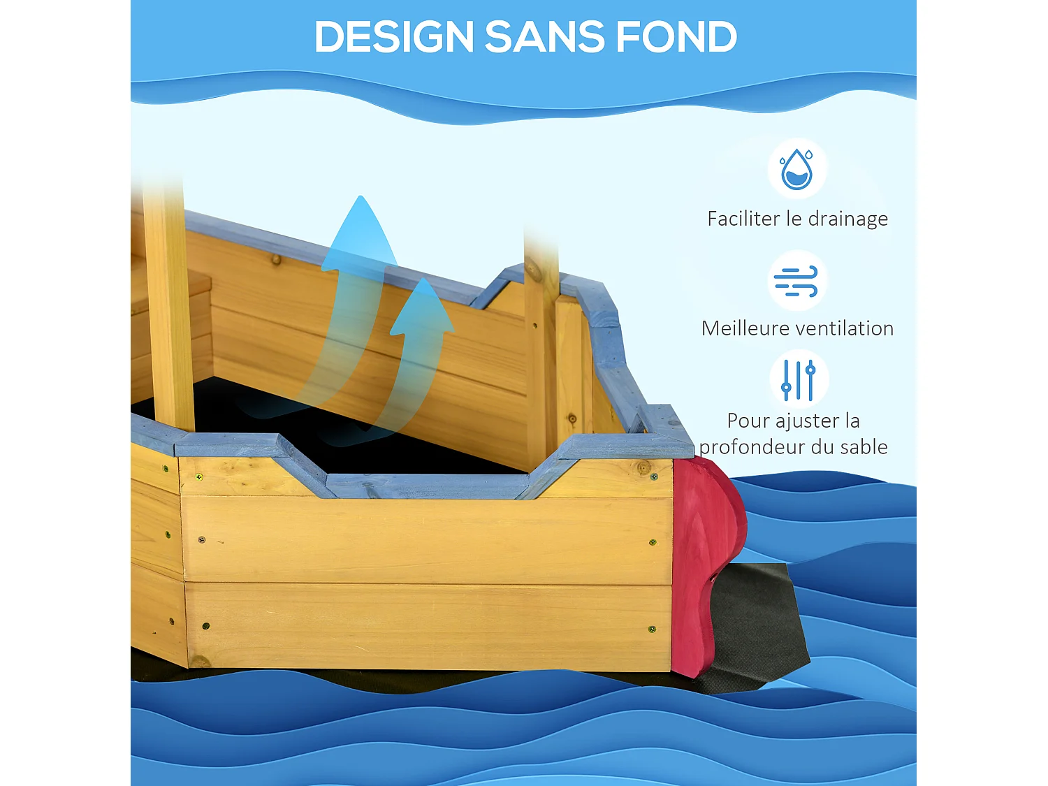 Bac à sable bateau de pirate en bois - voile d'ombrage, coffre rangement, gouvernail - bois sapin pré-huilé