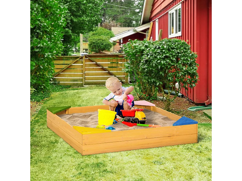 Bac à sable carré en bois pour enfants 4 assises en coin et film protection 109 x 109 x 19,8 cm bois naturel