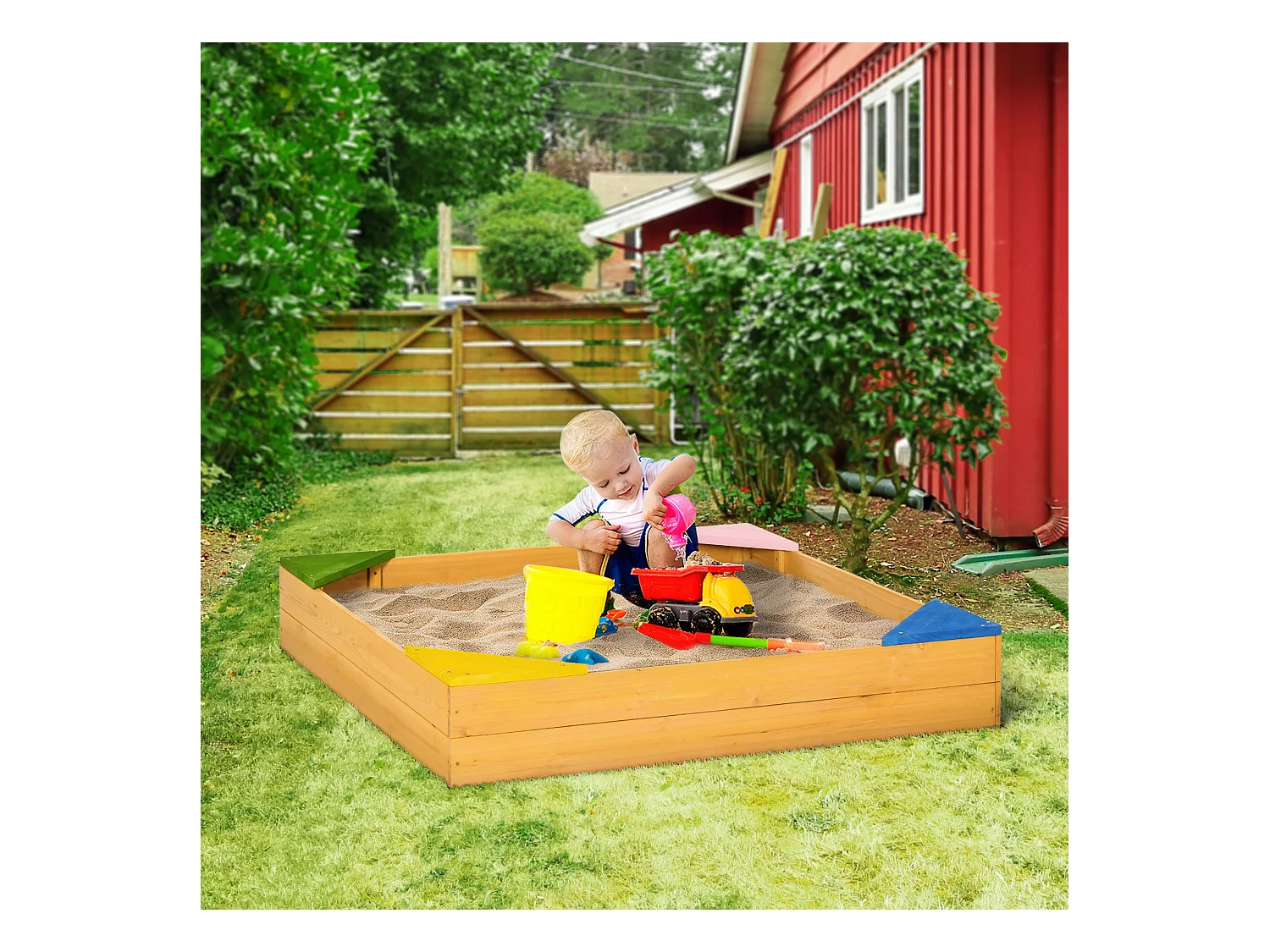 Bac à sable carré en bois pour enfants 4 assises en coin et film protection 109 x 109 x 19,8 cm bois naturel