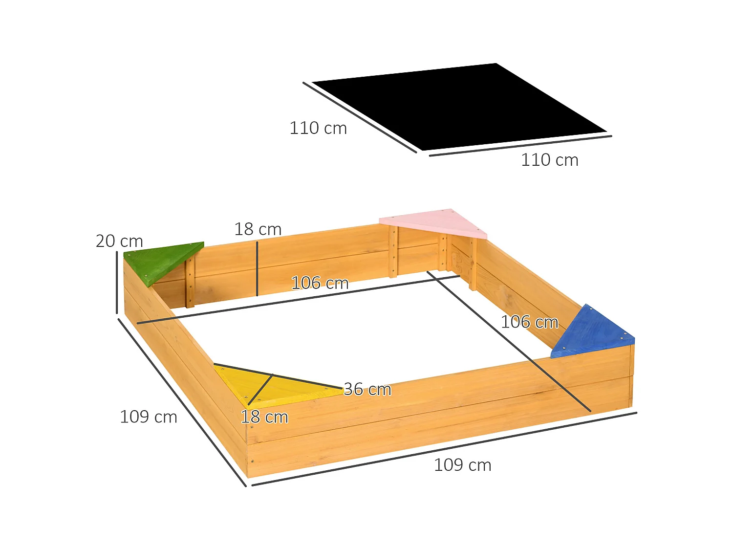 Bac à sable carré en bois pour enfants 4 assises en coin et film protection 109 x 109 x 19,8 cm bois naturel