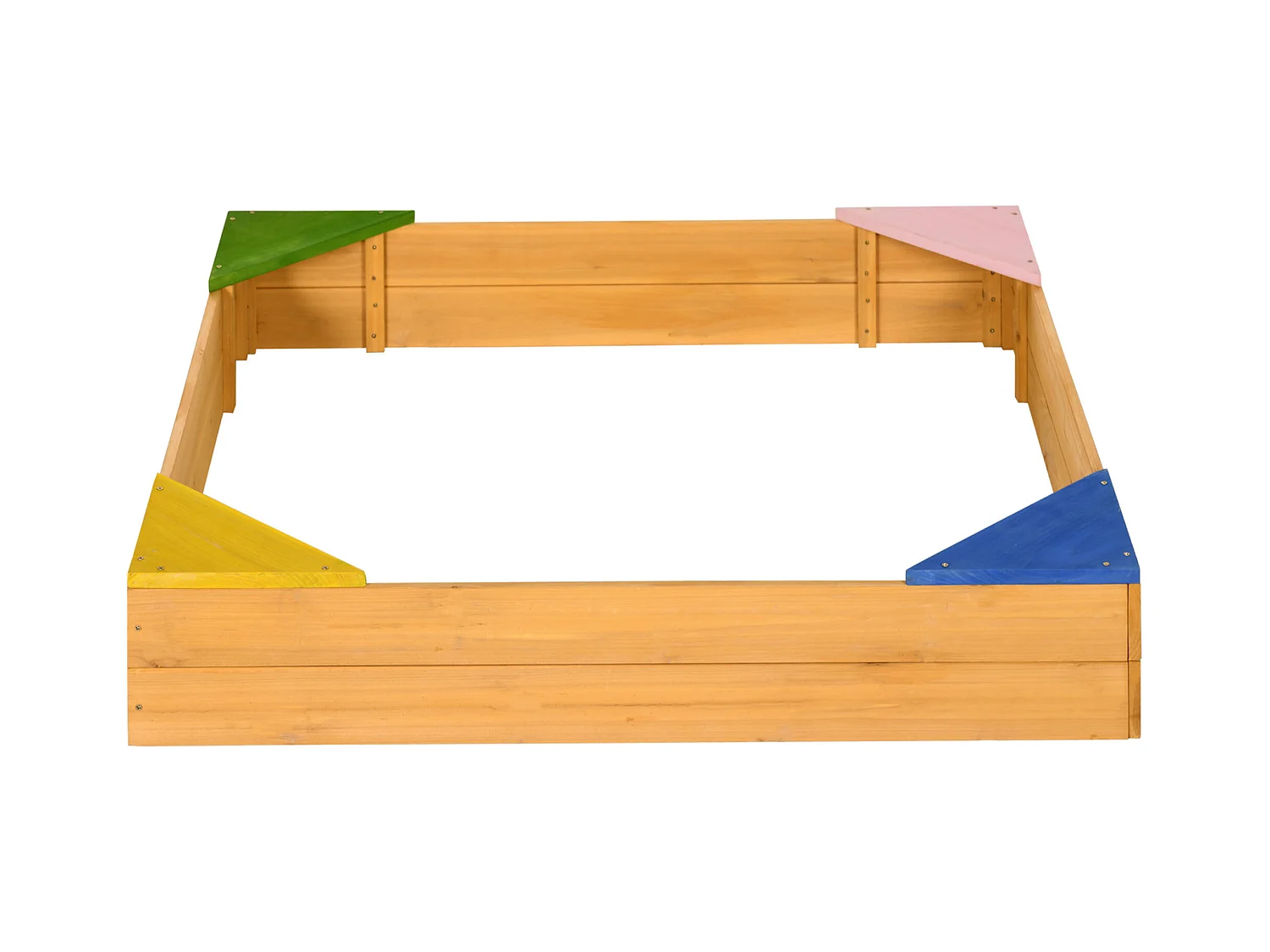 Bac à sable carré en bois pour enfants 4 assises en coin et film protection 109 x 109 x 19,8 cm bois naturel