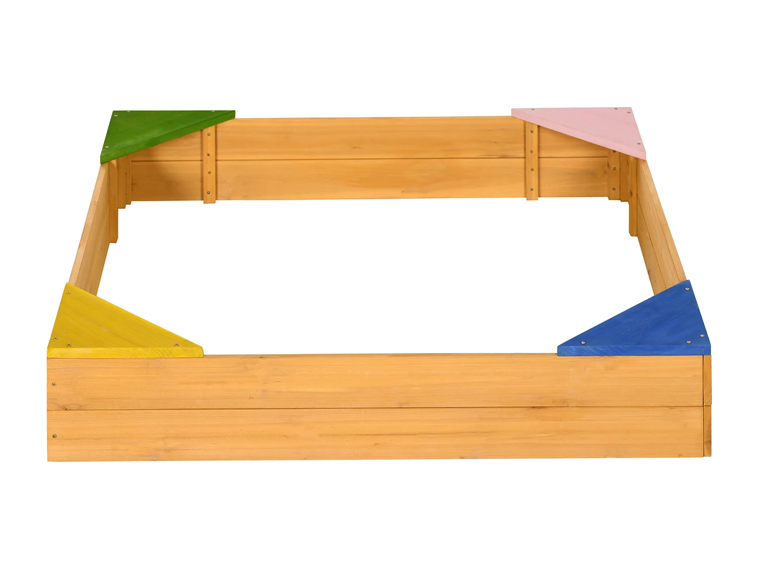 Bac à sable carré en bois pour enfants 4 assises en coin et film protection 109 x 109 x 19,8 cm bois naturel