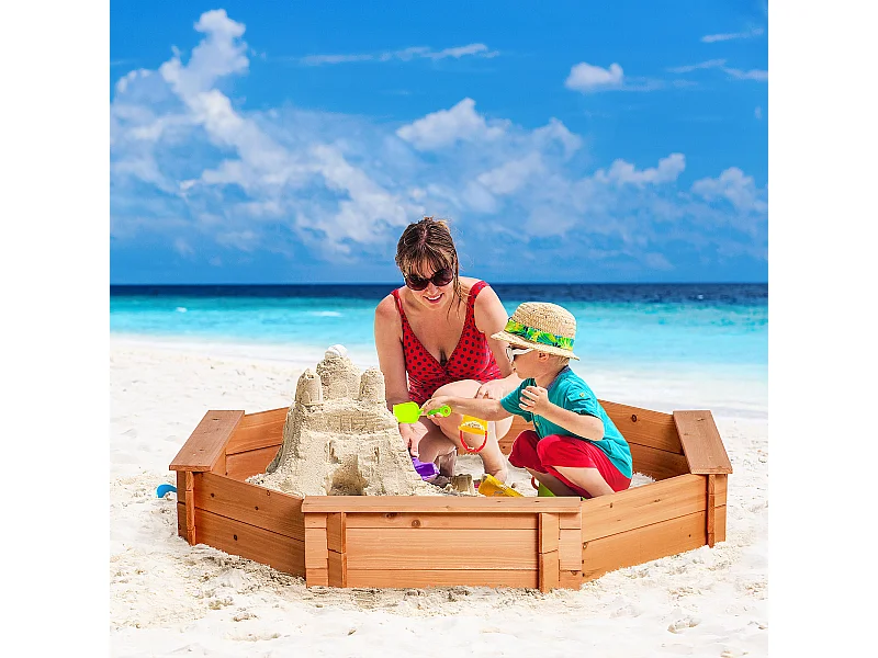 Bac à sable bois octogonal dim. 139,5L x 139,5l x 21,5H cm - 4 bancs - bâche de couverture, non tissé de sol inclus - bois sapin pré-huilé