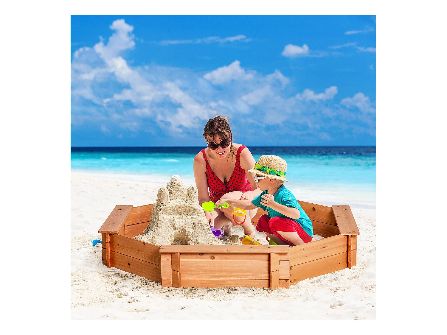 Bac à sable bois octogonal dim. 139,5L x 139,5l x 21,5H cm - 4 bancs - bâche de couverture, non tissé de sol inclus - bois sapin pré-huilé