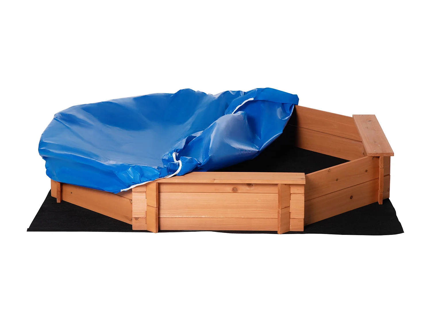 Bac à sable bois octogonal dim. 139,5L x 139,5l x 21,5H cm - 4 bancs - bâche de couverture, non tissé de sol inclus - bois sapin pré-huilé