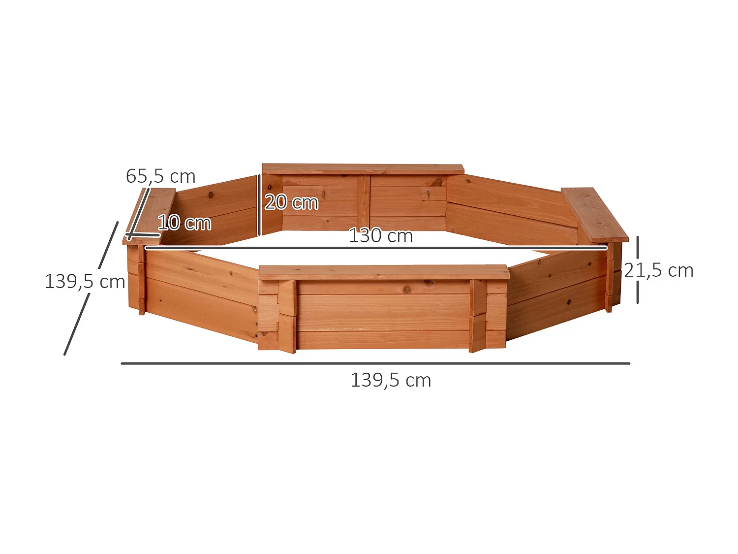 Bac à sable bois octogonal dim. 139,5L x 139,5l x 21,5H cm - 4 bancs - bâche de couverture, non tissé de sol inclus - bois sapin pré-huilé