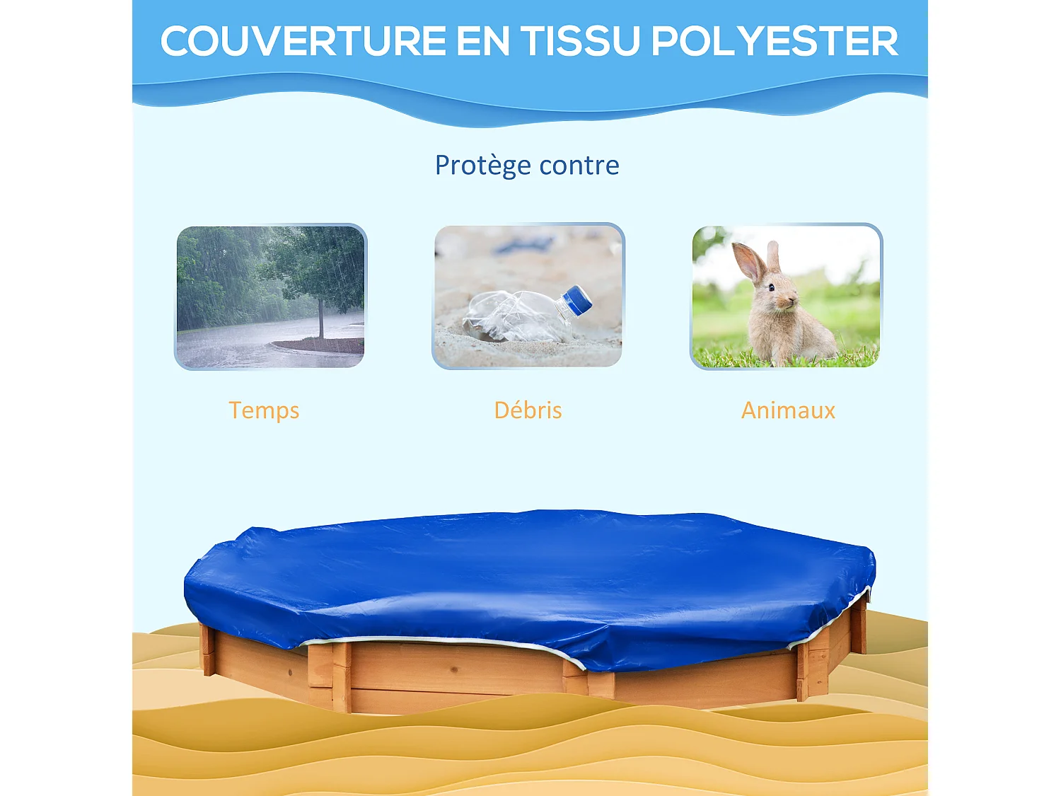 Bac à sable bois octogonal dim. 139,5L x 139,5l x 21,5H cm - 4 bancs - bâche de couverture, non tissé de sol inclus - bois sapin pré-huilé