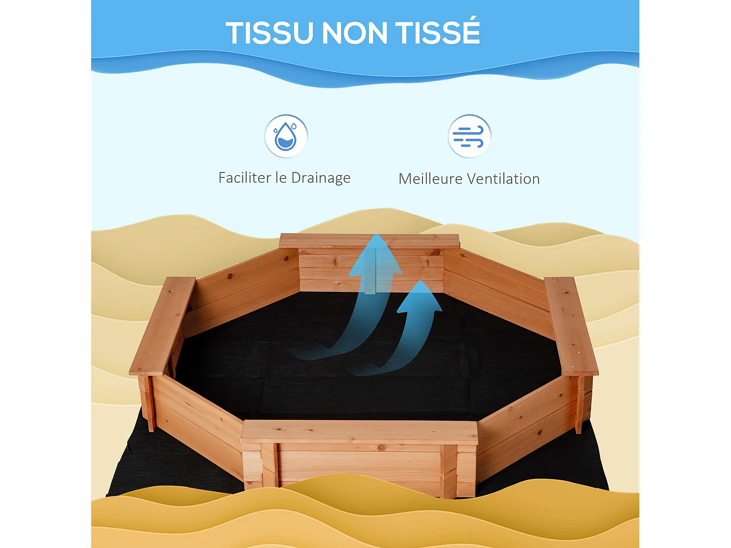 Bac à sable bois octogonal dim. 139,5L x 139,5l x 21,5H cm - 4 bancs - bâche de couverture, non tissé de sol inclus - bois sapin pré-huilé