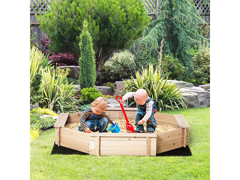 Bac à sable bois octogonal dim. 139,5L x 139,5l x 21,5H cm - 4 bancs - bâche de couverture, non tissé de sol inclus - bois sapin