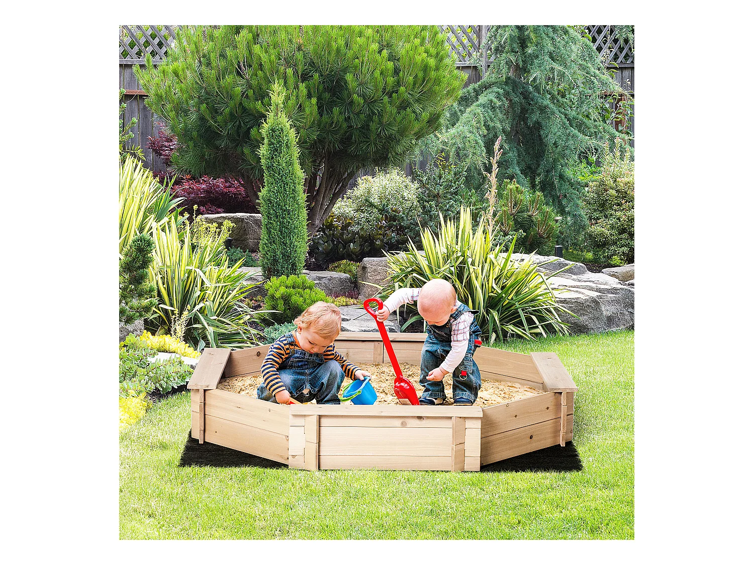 Bac à sable bois octogonal dim. 139,5L x 139,5l x 21,5H cm - 4 bancs - bâche de couverture, non tissé de sol inclus - bois sapin