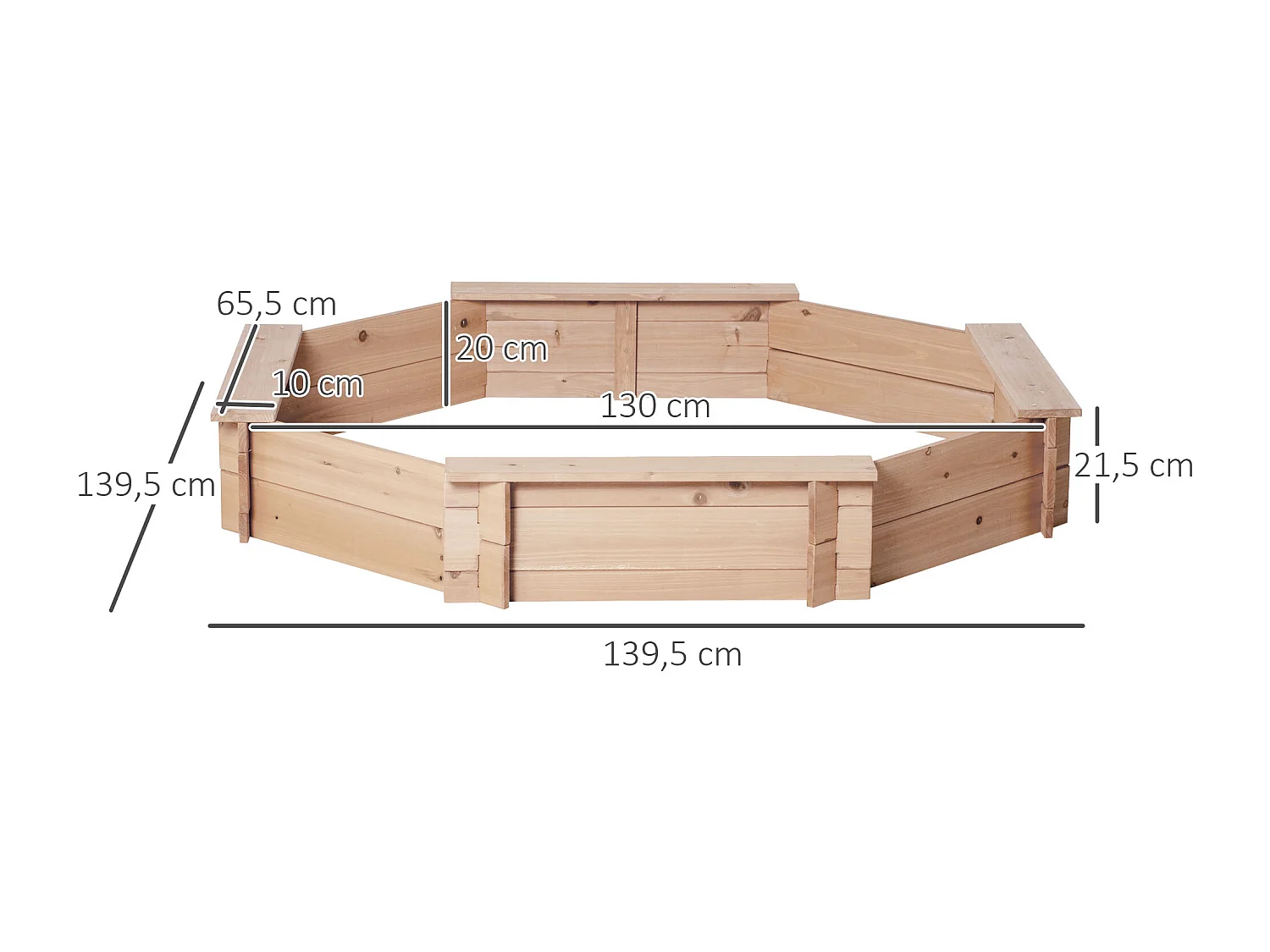Bac à sable bois octogonal dim. 139,5L x 139,5l x 21,5H cm - 4 bancs - bâche de couverture, non tissé de sol inclus - bois sapin