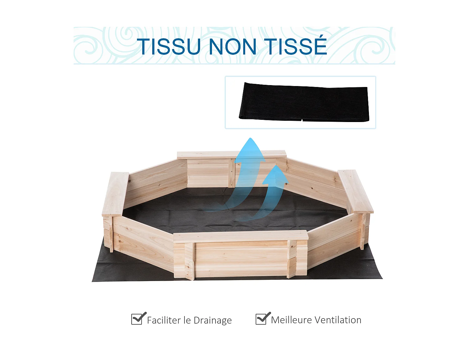 Bac à sable bois octogonal dim. 139,5L x 139,5l x 21,5H cm - 4 bancs - bâche de couverture, non tissé de sol inclus - bois sapin