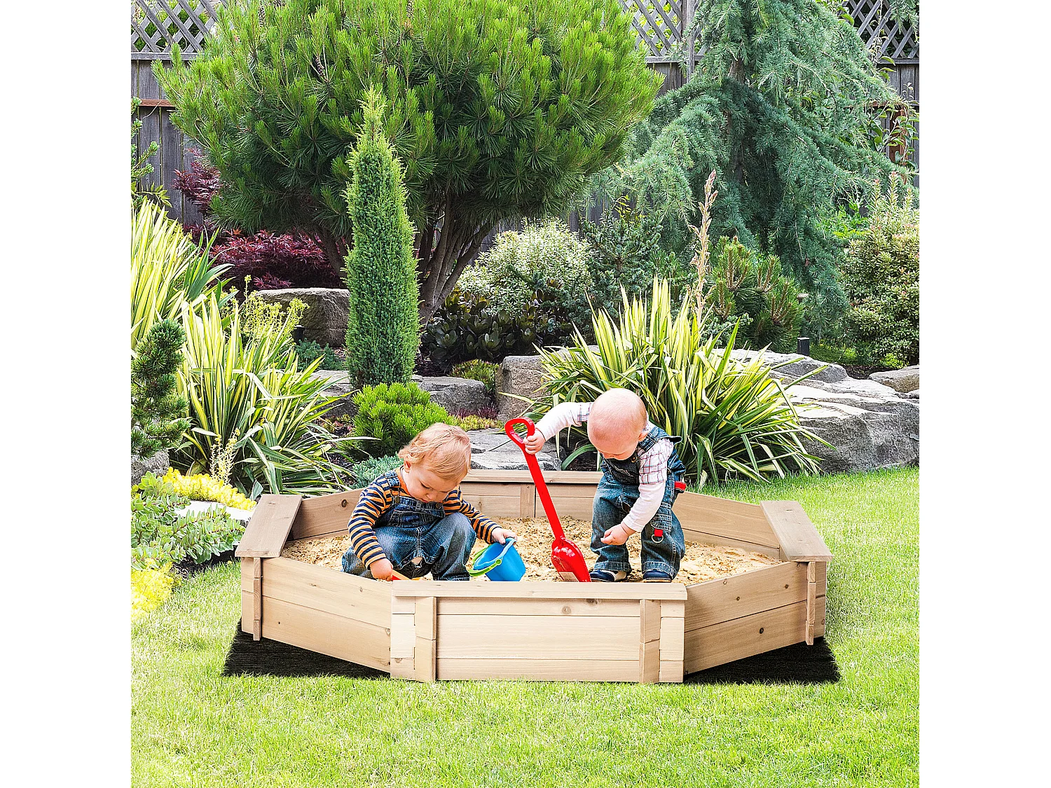 Bac à sable bois octogonal dim. 139,5L x 139,5l x 21,5H cm - 4 bancs - bâche de couverture, non tissé de sol inclus - bois sapin