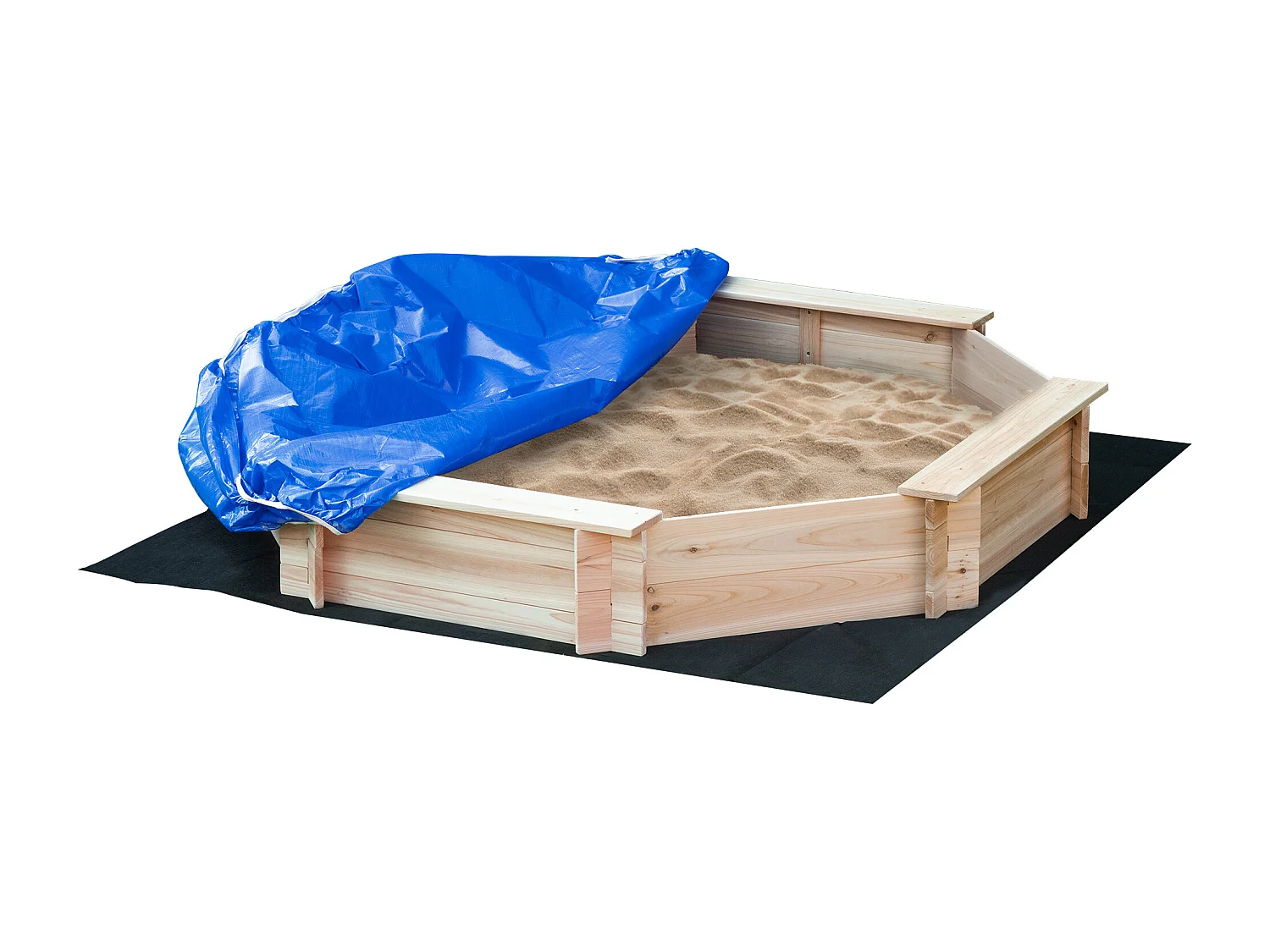 Bac à sable bois octogonal dim. 139,5L x 139,5l x 21,5H cm - 4 bancs - bâche de couverture, non tissé de sol inclus - bois sapin