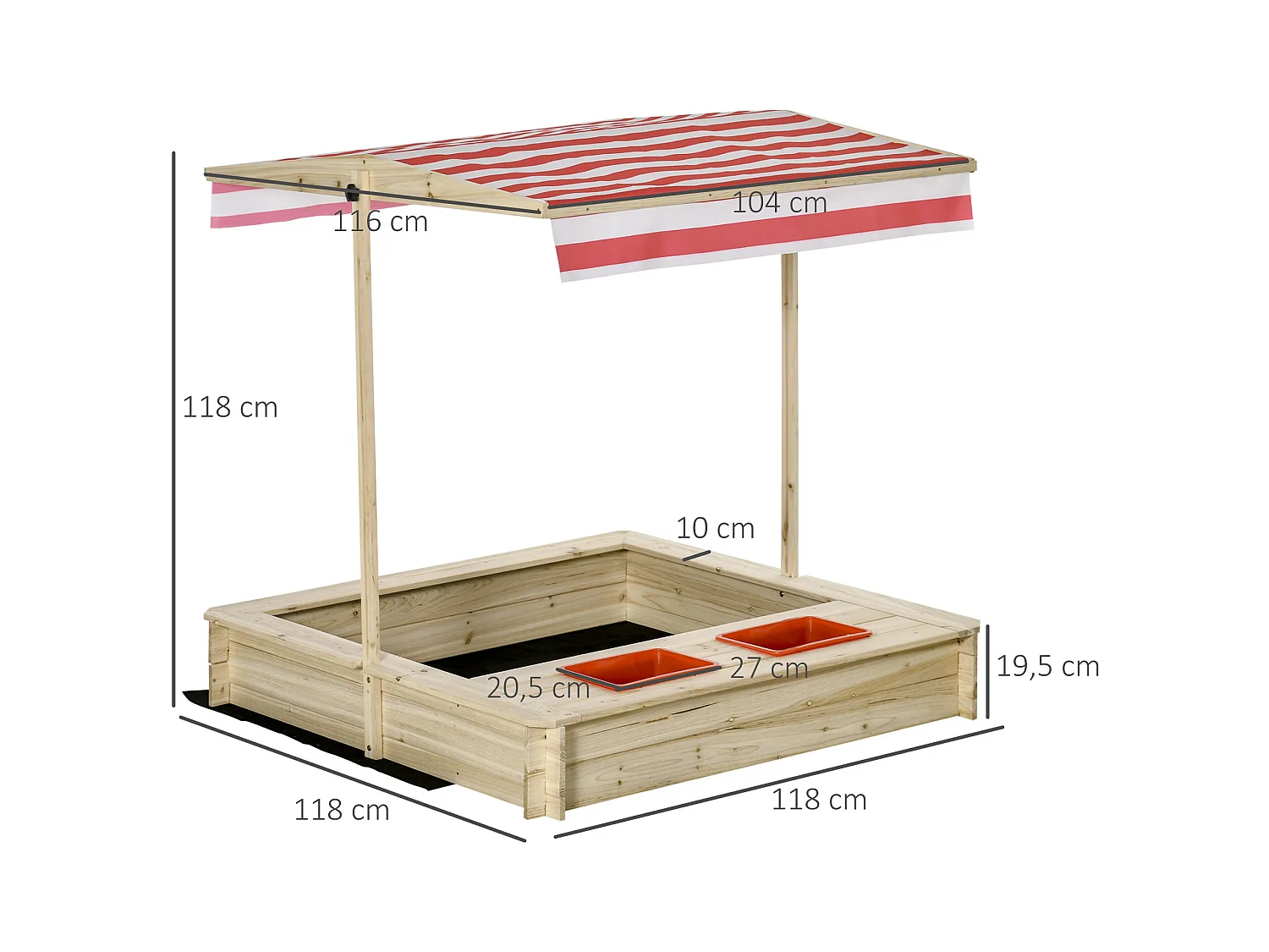 Bac à sable bois carré dim. 1,18L x 1,18l x 1,18H m - hauteur, inclinaison toit réglables, refermable - 2 bacs - bois sapin autoclave