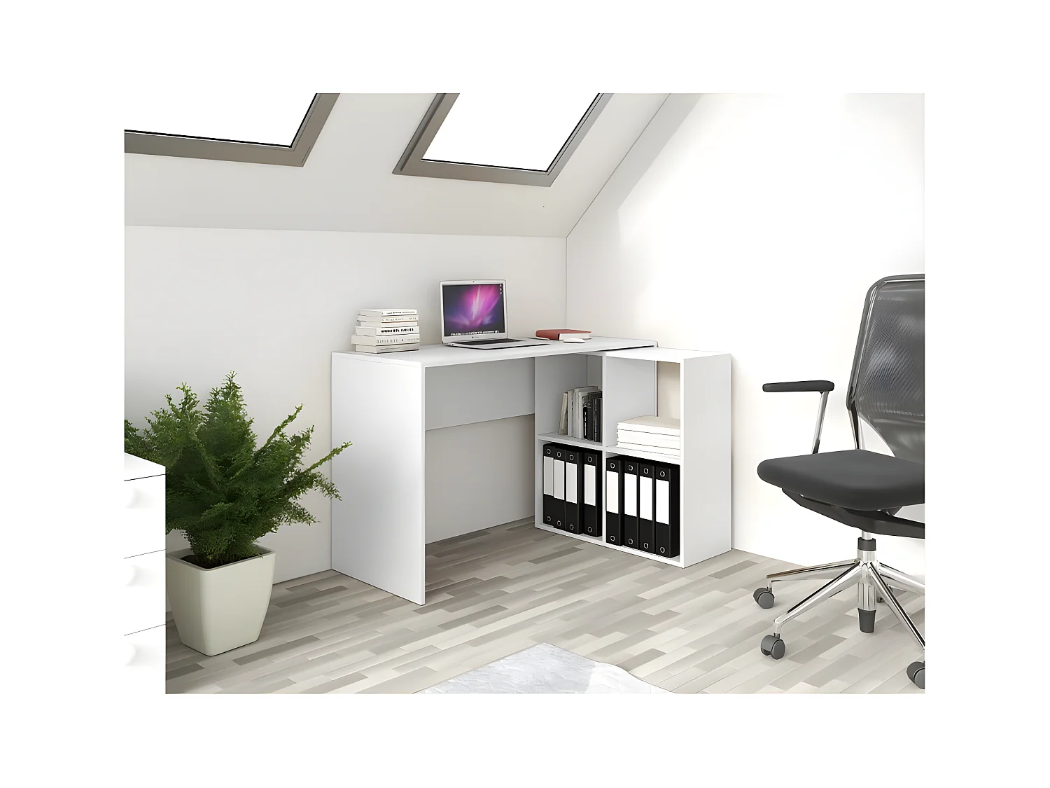 MALOX | Bureau informatique d'angle 2en1 | Bibliothèque Meuble de rangement 4 niches | Table ordinateur multi-rangements