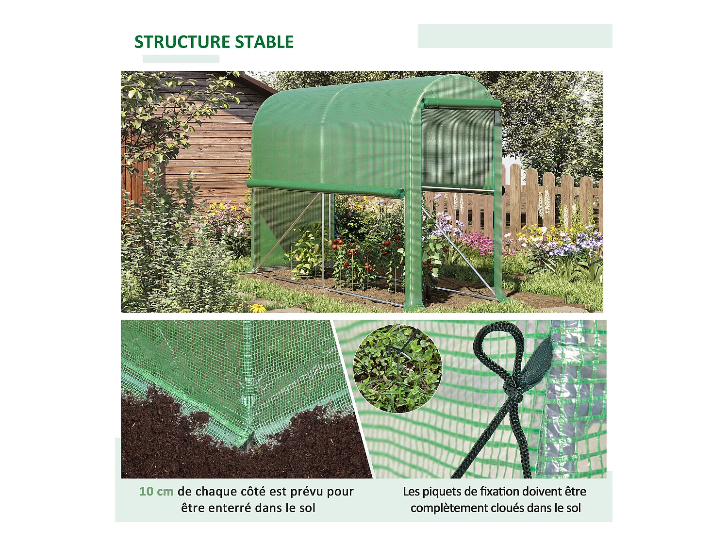 Serre de jardin serre à tomates dim. 3L x 1l x 2H m porte zippée déroulante 2 fenêtres latérales enroulables acier PE haute densité vert