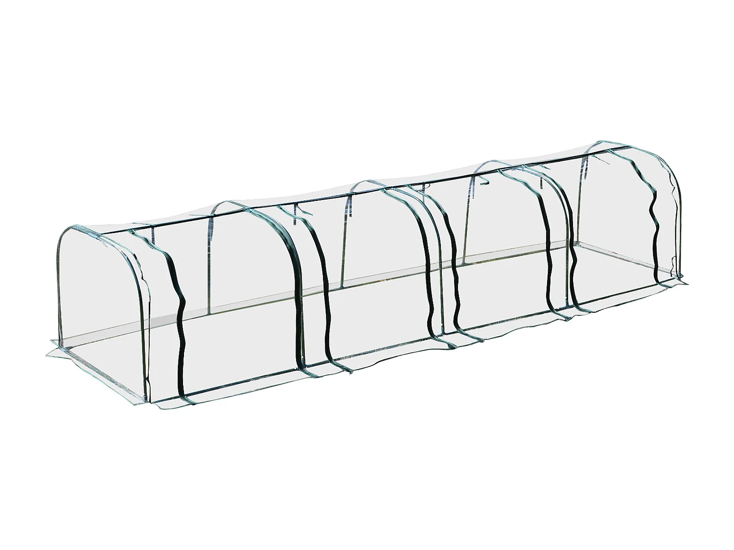 Serre de jardin tunnel 3,95L x 1l x 0,8H m 4 portes zippées bâche PVC transparent métal époxy vert