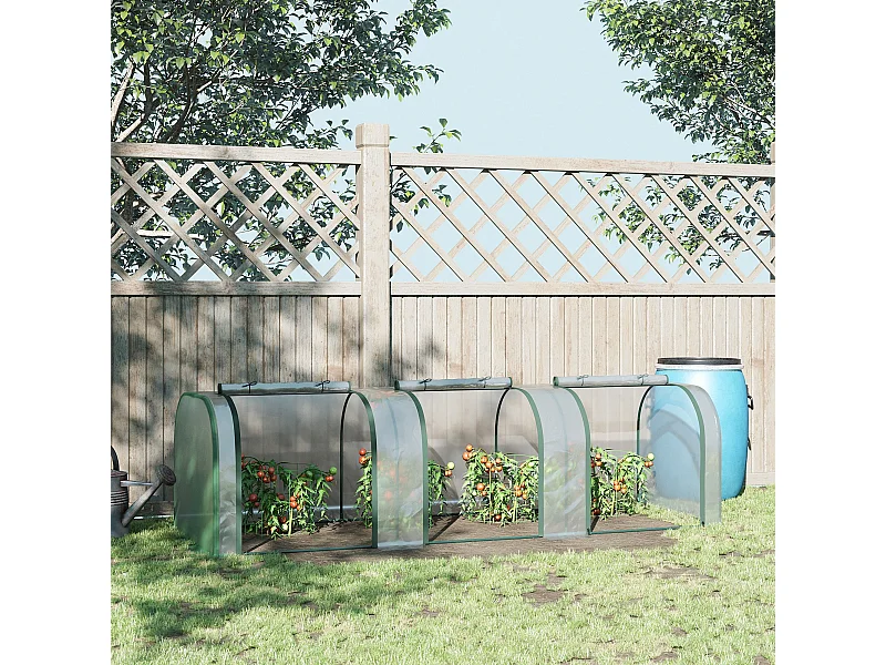 Serre de jardin tunnel 2,95L x 1l x 0,8H m 3 portes zippées bâche PVC transparent métal époxy vert